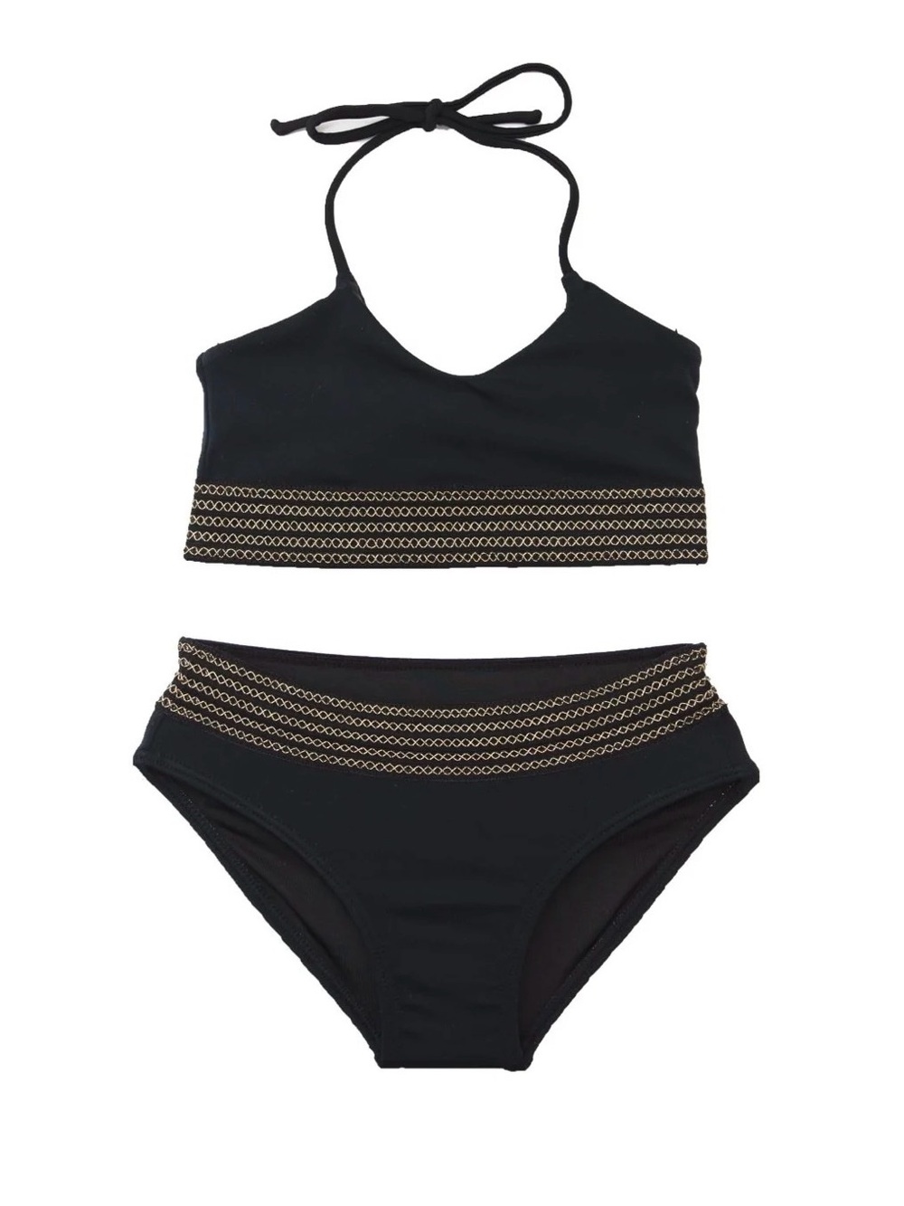 Black Halter Bikini Set with Gold Chain-Pattern Trim